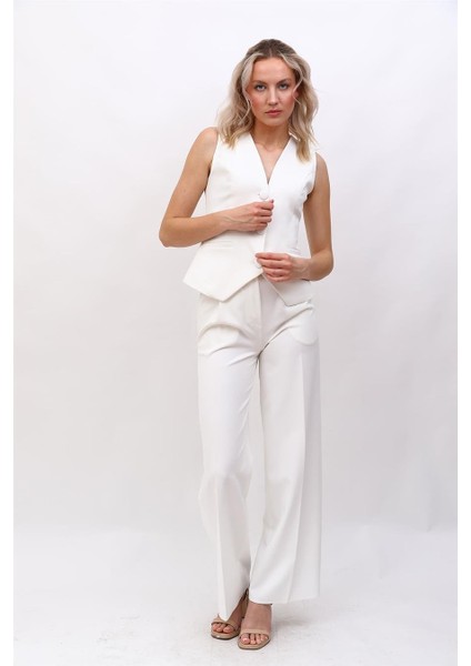 Klasik Yelek & Yüksek Bel Bol Paça Pantolon Takım-Beyaz fiyatları