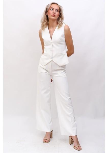 Klasik Yelek & Yüksek Bel Bol Paça Pantolon Takım-Beyaz modelleri