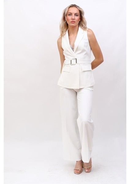 Klasik Yelek & Yüksek Bel Bol Paça Pantolon Takım-Beyaz indirimleri