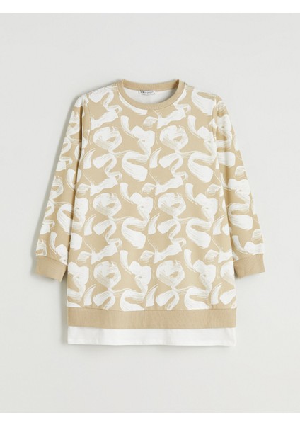 Yeni Sezon Bisiklet Yaka Desenli Kadın Sweatshirt Tunik