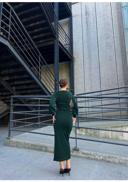 Kruvaze Yaka Uzun Kol Simli Midi Elbise 583167 Zümrüt modelleri