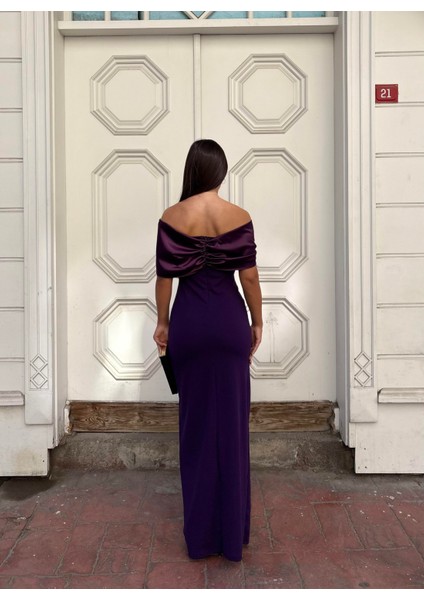 Esnek Krep Kumaş Fiyonk Detaylı Parlak Saten Kumaş Abiye Elbise 583327 Mor modelleri