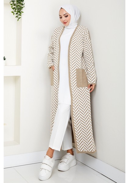 Çizgi Detaylı Triko Hırka 1604 - Taş