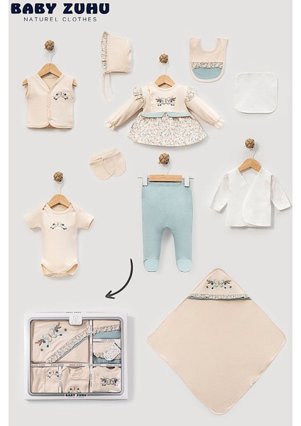 Kız Bebek 0-3 Ay Organik Pamuktan Çiçekli Kelebek Nakışlı 10 Lu Hastane Çıkış Zıbın Seti