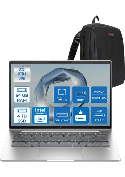 Elitebook 6 G1I Intel® Core Ultra 7 255U 64GB Ddr5 4tb SSD 14" Wuxga (1920 x 1200), IPS 400 Nits Freedos Taşınabilir Bilgisayar C9XW2ETF20+ZETTAÇANTA