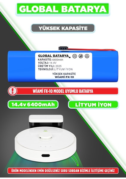 Wiami FX-10 Uyumlu Robot Süpürge Bataryası 14.4V 6400MAH Li-Ion Pil (Yüksek Kapasite)