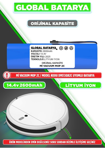 Xiaomi Mi Vacuum Mop 2c 2in1 Uyumlu Akıllı Robot Süpürge Bataryası 14.4V 2600MAH Li-Ion Pil (Orijinal Kapasite)