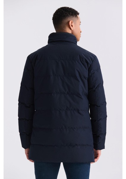Lacivert Regular Fit Hakim Yaka Fermuarlı Kışlık Şişme Mont