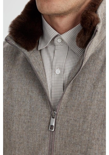 Kahve Comfort Fit Kürklü Yaka Yünlü Mont