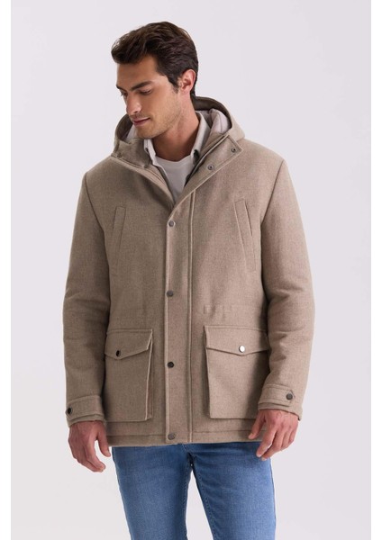 Bej Comfort Fit Kapüşonlu Yünlü Mont indirimleri