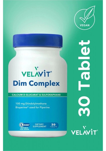 Dim Complex 30 Tablet - Diindolilmetan, Sülforafan, Kalsiyum ve D-Glukarat İçeren Takviye Edici Gıda, Türkiye Menşeli