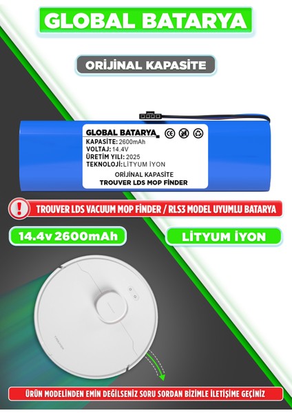 Trouver Lds Vacuum Mop Finder Rls3 Uyumlu Robot Süpürge Bataryası 14.4V 2600MAH Pil (Orijinal Kapasite)