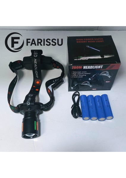 25-30W 6800MAH Zoomlu Kafa Feneri – 1000 Lümen, 1 Km Menzil, 4 Adet 18650 Pil Yedek Pilli