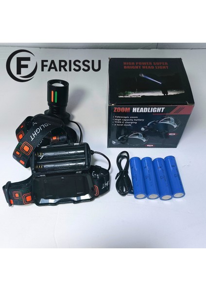 25-30W 6800MAH Zoomlu Kafa Feneri – 1000 Lümen, 1 Km Menzil, 4 Adet 18650 Pil Yedek Pilli