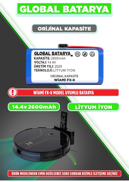Wiami Fx8 Uyumlu Akıllı Robot Süpürge Bataryası 14.4v 2600mAh Li-ion Pil (Orijinal Kapasite)