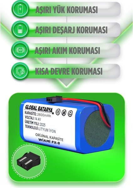Wiami Fx8 Uyumlu Akıllı Robot Süpürge Bataryası 14.4v 2600mAh Li-ion Pil (Orijinal Kapasite) fiyatları