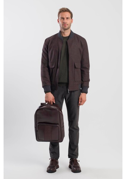 Kahve Comfort Fit Kolej Yaka Çizgili Mont