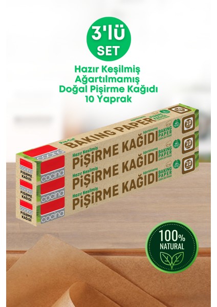 3 Adet 10 Metre Ağartılmamış Doğal Hazır Kesilmiş Pişirme Sunum Kağıdı – Yağ Geçirmez Fırın Kağıdı