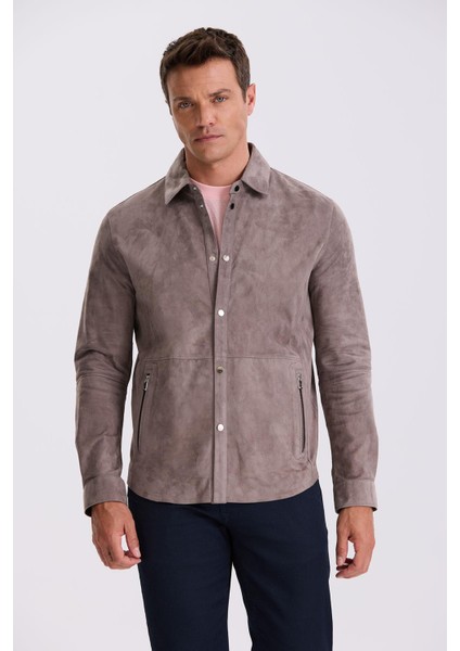 Koyu Gri Comfort Fit Gömlek Yaka Çıtçıtlı %100 Deri Süet Mont indirimleri