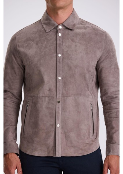 Koyu Gri Comfort Fit Gömlek Yaka Çıtçıtlı %100 Deri Süet Mont