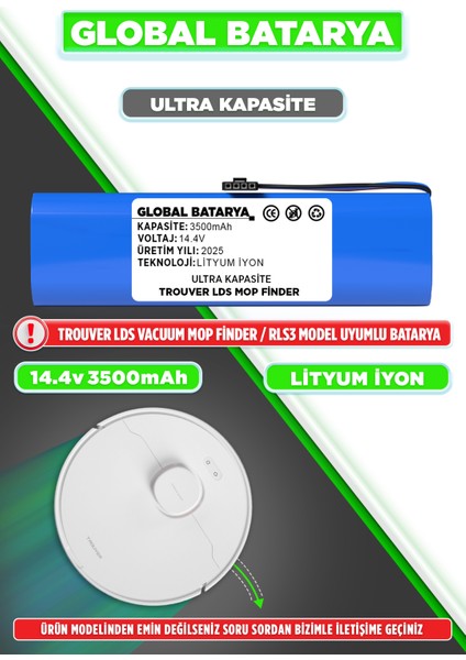 Trouver Lds Vacuum Mop Finder Rls3 Uyumlu Robot Süpürge Bataryası 14.4V 3500MAH Pil (Ultra Kapasite)