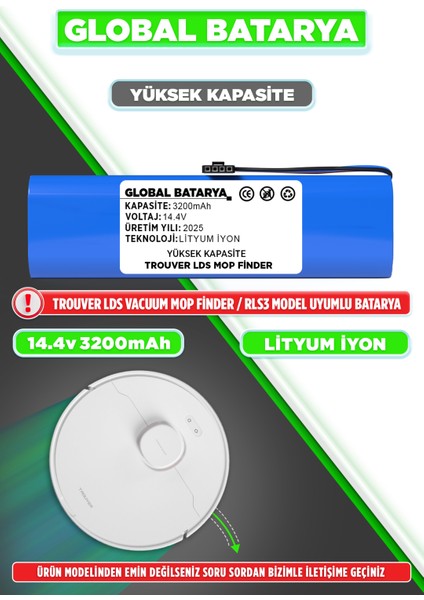 Trouver Lds Vacuum Mop Finder Rls3 Uyumlu Robot Süpürge Bataryası 14.4V 3200MAH Pil (Yüksek Kapasite)