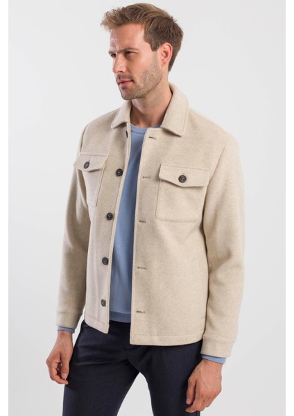 Bej Comfort Fit Bebe Yaka Yünlü Mont