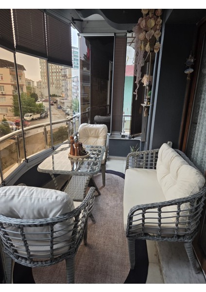 Kartepe 2 1 1 Rattan Bahçe Balkon Takımı,GRİ RATTAN/KREM KUMAŞ fırsatları