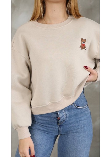 Teddy Nakışlı Şardonlu Kalın Sweatshirt