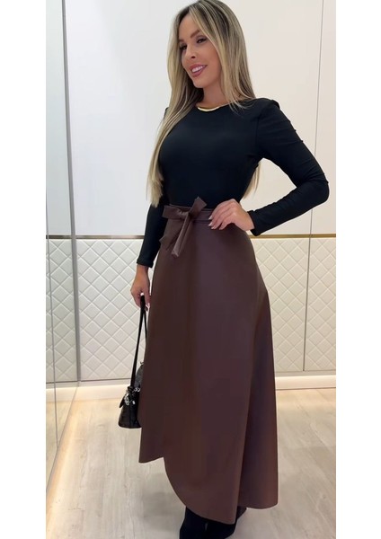 Kadın Belden Kuşaklı Uzun Deri Etek
