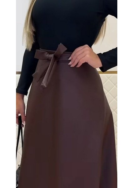 Kadın Belden Kuşaklı Uzun Deri Etek fiyatları