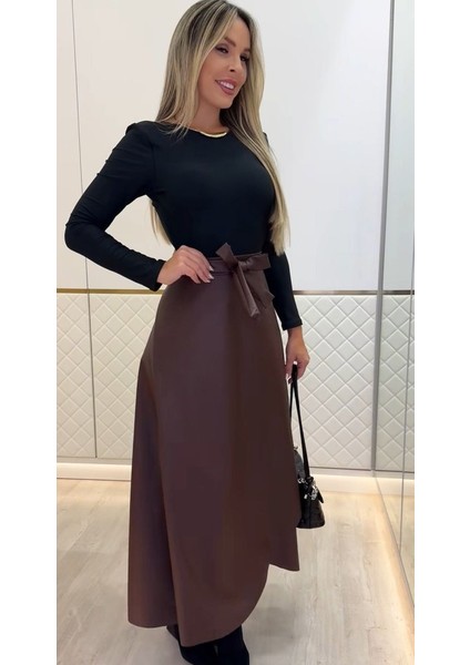 Kadın Belden Kuşaklı Uzun Deri Etek modelleri