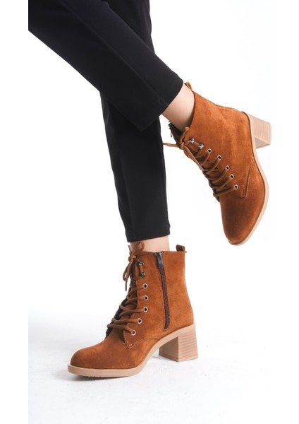 Lena Bağcıklı Fermuarlı Ortopedik Taban Topuklu Süet Kadın Bot Stt - Taba modelleri