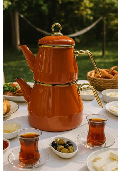 Emaye 3 Parça Paslanmaz Çelik Emaye Çaydanlık - Kahverengi