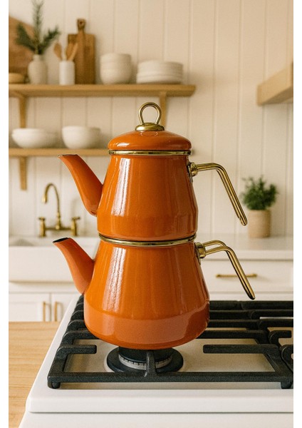 Emaye 3 Parça Paslanmaz Çelik Emaye Çaydanlık - Kahverengi modelleri