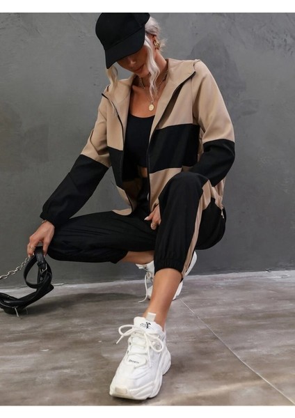 Eyesof Kadın Uzun Kollu Kapşonlu Önden Fermuarlı Viskon Iki Iplik Bluz ve Pantolon Ikili Takım