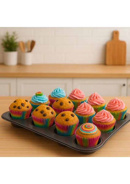 🧁 12’li Metal Muffin ve Cupcake Kek Kalıbı | Yapışmaz Kaplamalı Fırın Tepsisi – Dayanıklı, Isıya Dayanıklı, Kolay Temizlik