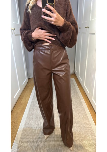 Yüksek Bel Deri Pantolon