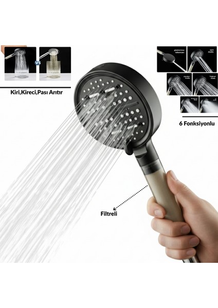 6 Fonksiyonlu Filtreli Duş Başlığı – Yüksek Basınçlı Su Tasarruflu Çok Modlu Banyo Başlığı