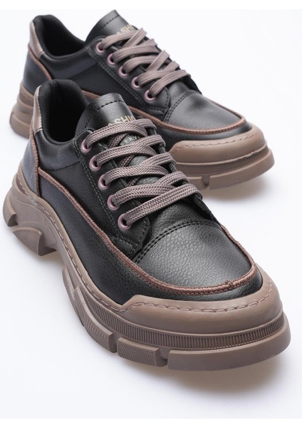 Kadın Deri Sneaker Bağcıklı Spor Ayakkabı Siyah Mareo