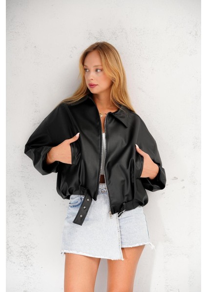 Oversize Bomber Kemerli Fermuarlı Deri Ceket