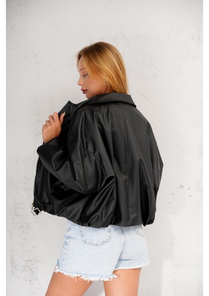 Oversize Bomber Kemerli Fermuarlı Deri Ceket fiyatları