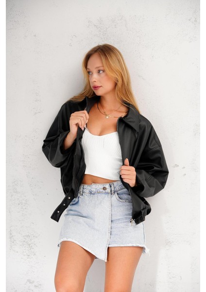 Oversize Bomber Kemerli Fermuarlı Deri Ceket modelleri