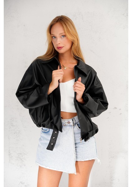 Oversize Bomber Kemerli Fermuarlı Deri Ceket fırsatları