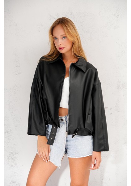 Oversize Bomber Kemerli Fermuarlı Deri Ceket indirimleri