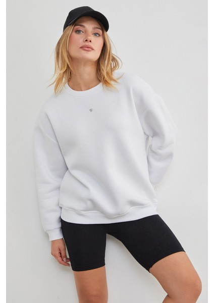 3 Iplik Taşlı Kalp Detaylı Oversize Sweatshirt