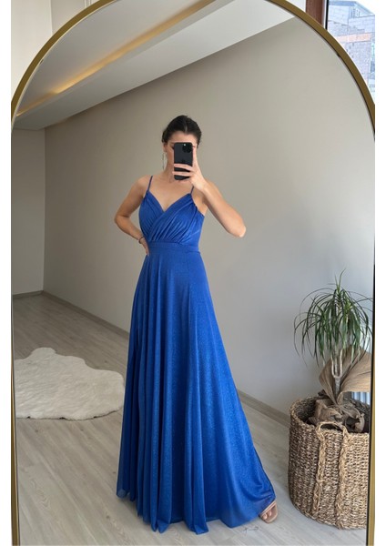 Kadın Işıltılı Askılı Yırtmaç Detayı Şifon Abiye Elbise NM002 modelleri