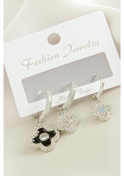 Wizard 3 Adet Çiçek Zirkon Taşlı Küpe-Gümüş Rengi fiyatları