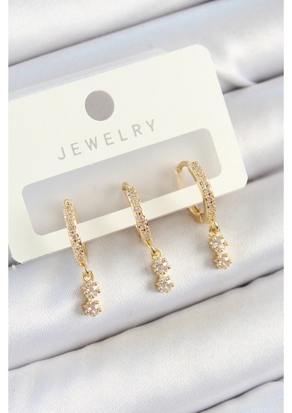 Pirinç Zirkon Taşlı Sallantılı Yıldız Model Gold Renk 3 Lü Çift Kadın Küpe Set