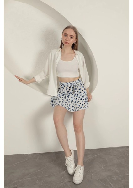 Bürümcük Çiçek Desen Şort Etek-Saks